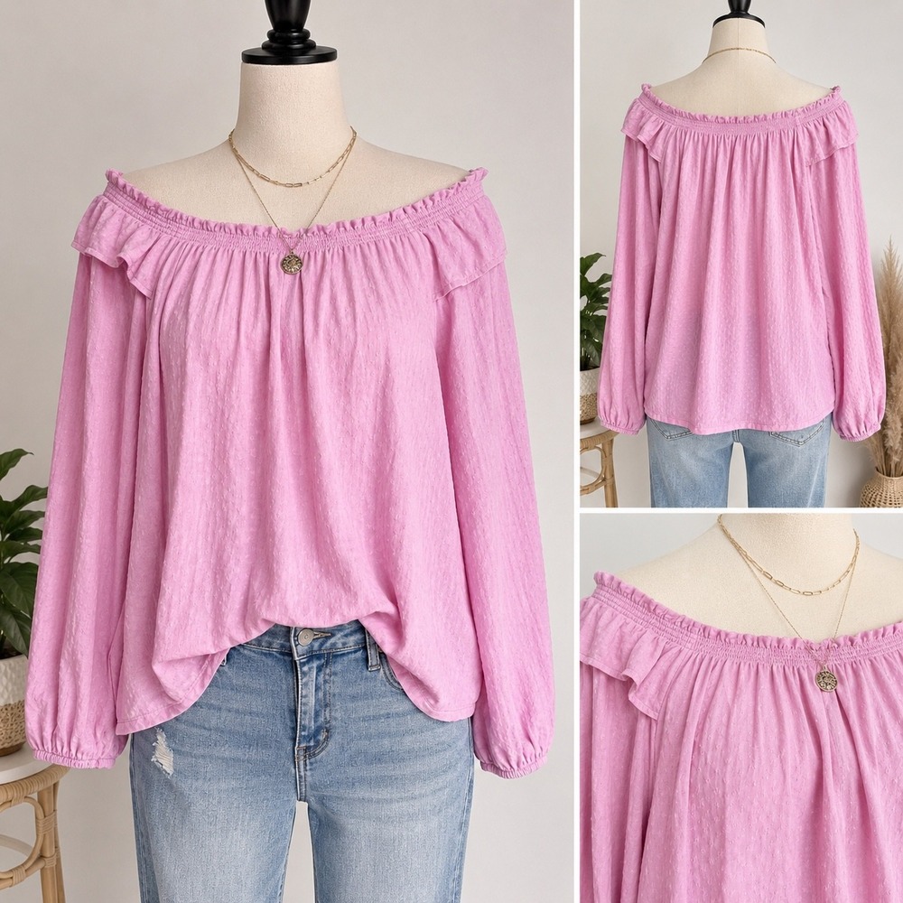 Sonoma Goods For Life Pink Dobby Off The Shoulder Ruffle Blouse XXL 100% Cotton